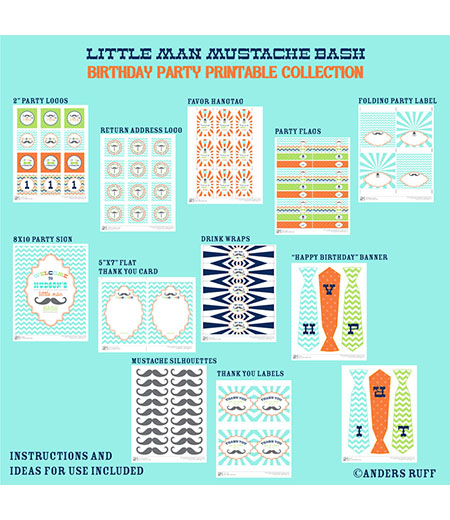 Little Man Mustache Bash Birthday Party Printables Collection